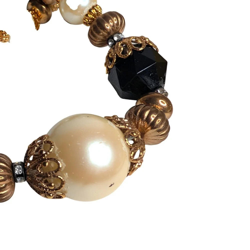 Vintage Style Black and‎ Cream Faux Pearl Beaded Necklace Gold Tone Accents